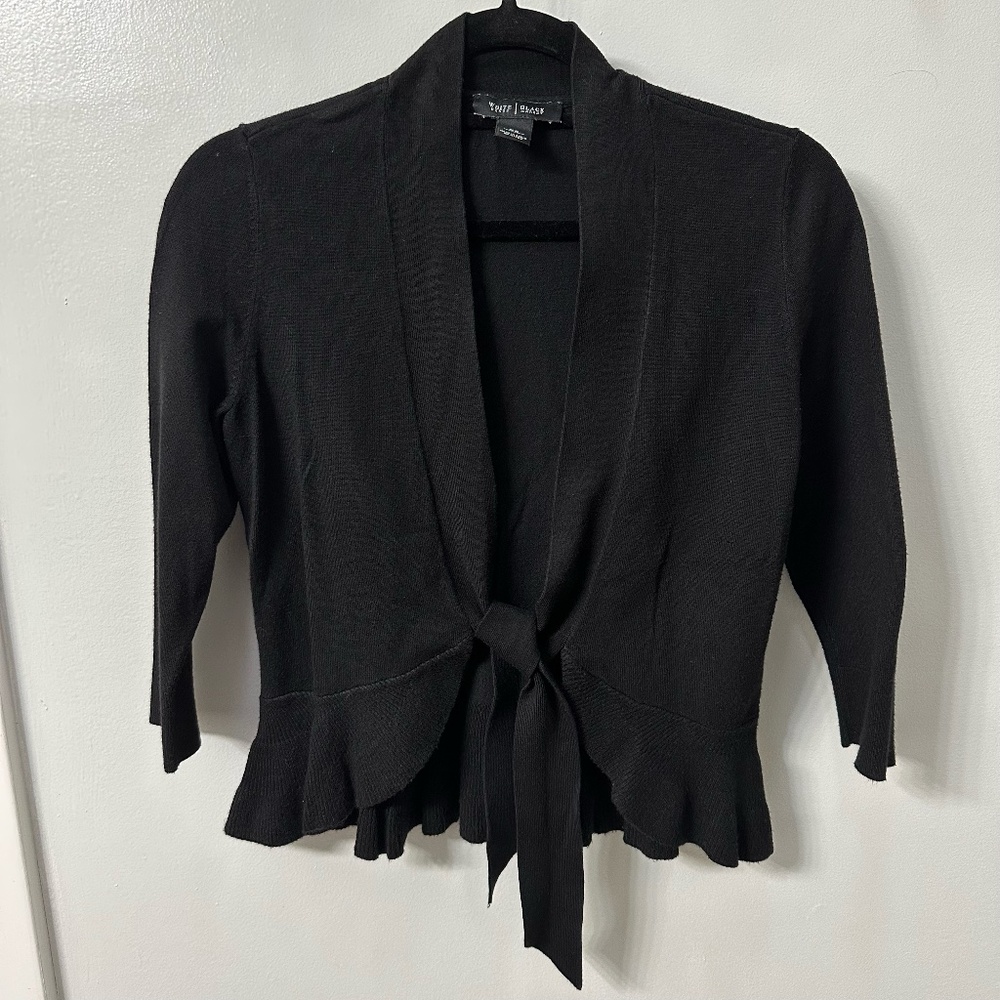 White House Black Market Black Tie-Front Ruffle Hem Cardigan